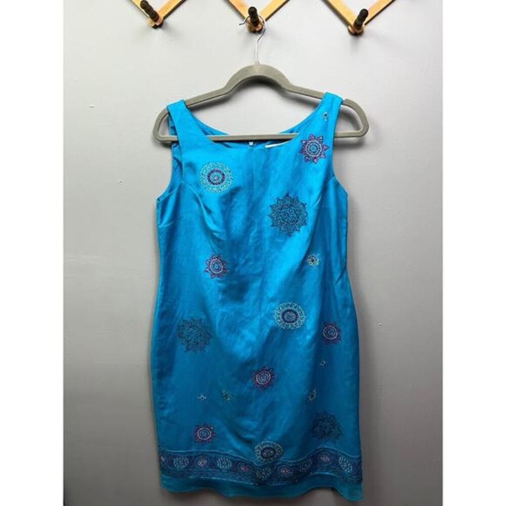 Plaza South Dress Womens size 8 turqouise blue sleeveless linen embroidered Boho